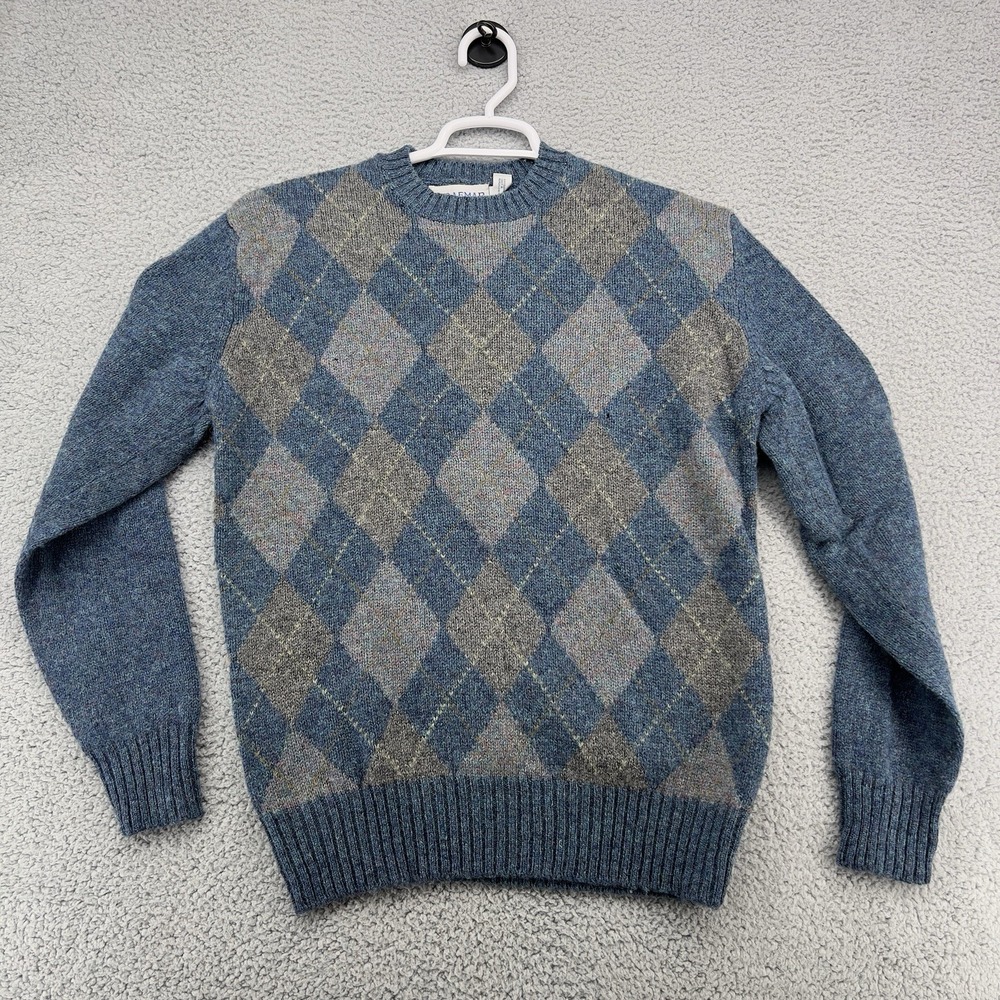 Vintage Braemar Scottish Shetland Wool Men's M  Blue Argyle Crew -Neck Sweater